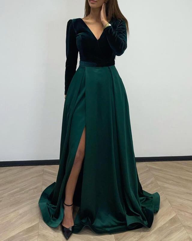 Green Velvet Long Sleeve Split Satin Dress - RongMoon