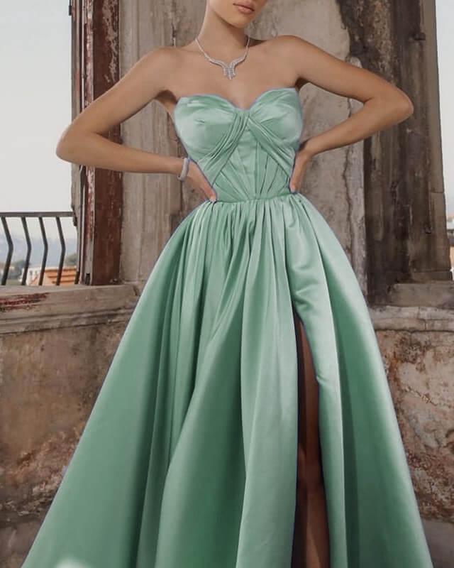 Long Sweetheart Split Satin Dress - RongMoon