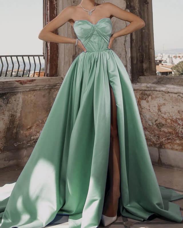 Long Sweetheart Split Satin Dress - RongMoon