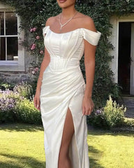 Mermaid White Satin Corset Slit Dress - RongMoon