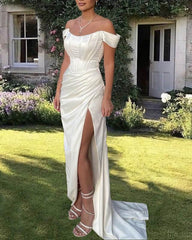Mermaid White Satin Corset Slit Dress - RongMoon