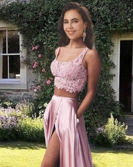 Two Piece Pink Satin Prom Dress With Pockets - RongMoon