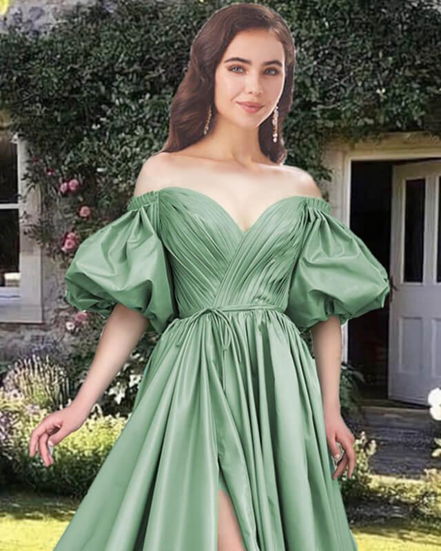 Sage Satin A-line Puffy Sleeve Dress - RongMoon