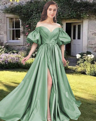 Sage Satin A-line Puffy Sleeve Dress - RongMoon