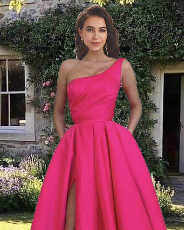 Long One Shoulder Split Dress With Pockets - RongMoon