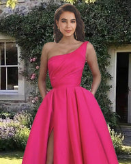 Long One Shoulder Split Dress With Pockets - RongMoon