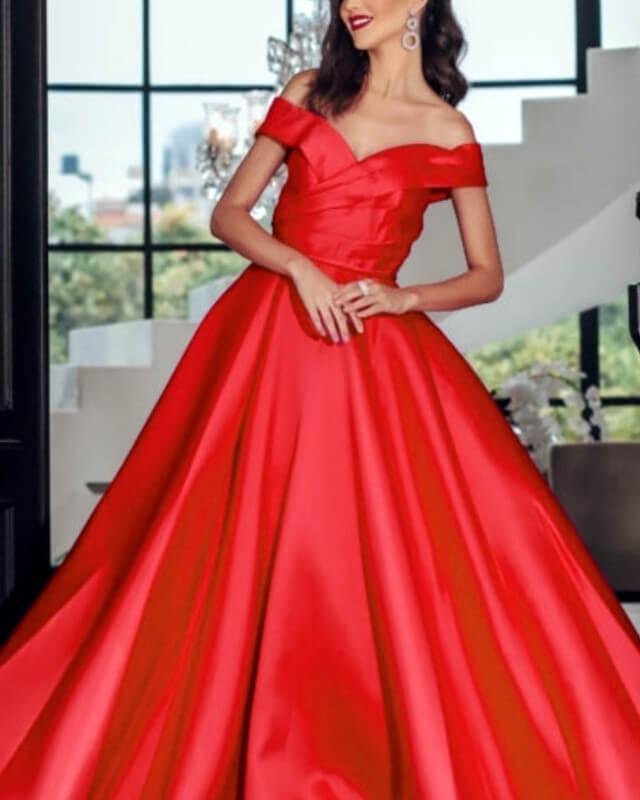 Long Red Off Shoulder Satin Gown - RongMoon