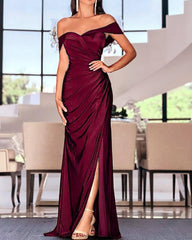 Off The Shoulder Slit Satin Gown - RongMoon