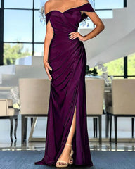 Off The Shoulder Slit Satin Gown - RongMoon