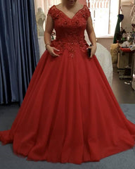 Red Tulle V-neck Plus Size Ball Gown Dress - RongMoon