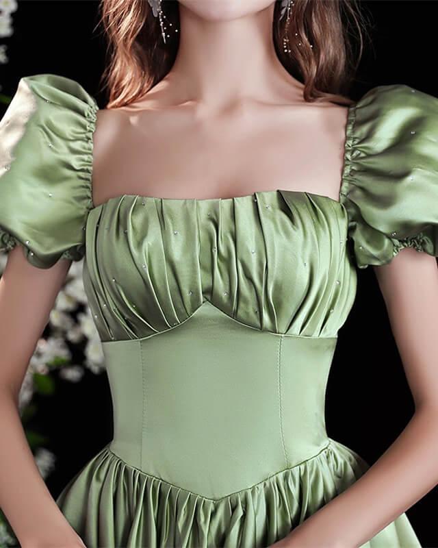 Light Green Satin Formal Dress With Sleeves - RongMoon