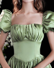 Light Green Satin Formal Dress With Sleeves - RongMoon