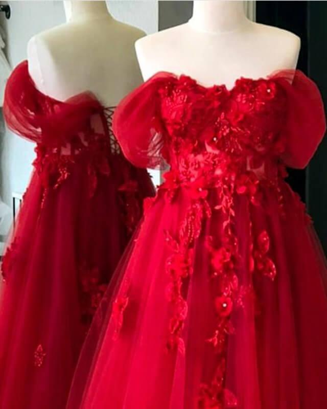 Red Tulle Corset Dress With 3D Lace Flowers - RongMoon