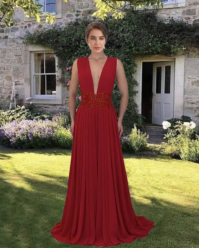 Deep Red Chiffon V-neck Floor Length Dress - RongMoon