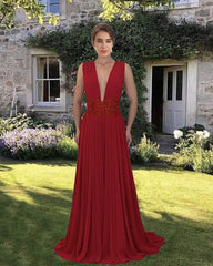 Deep Red Chiffon V-neck Floor Length Dress - RongMoon