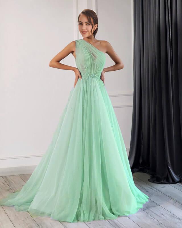 Tulle Floor Length One Shoulder Gown - RongMoon