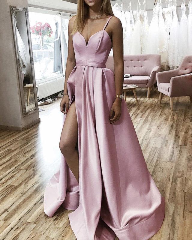 Long Satin Formal Dresses Spaghetti Straps Prom Gowns - RongMoon
