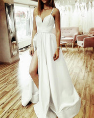 Long Satin Formal Dresses Spaghetti Straps Prom Gowns - RongMoon