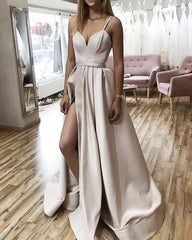 Long Satin Formal Dresses Spaghetti Straps Prom Gowns - RongMoon