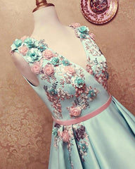 Long Satin Empire Prom Dresses V Neck 3D Flowers Embroidery - RongMoon