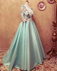 Long Satin Empire Prom Dresses V Neck 3D Flowers Embroidery - RongMoon