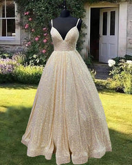 Sequins Prom Dresses Ball Gown Plunge Neck Spaghetti Straps - RongMoon