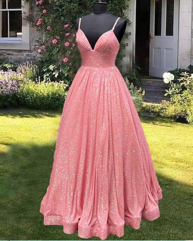 Sequins Prom Dresses Ball Gown Plunge Neck Spaghetti Straps - RongMoon