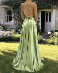 Sage A-line Satin Backless Dress