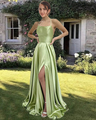Sage A-line Satin Backless Dress