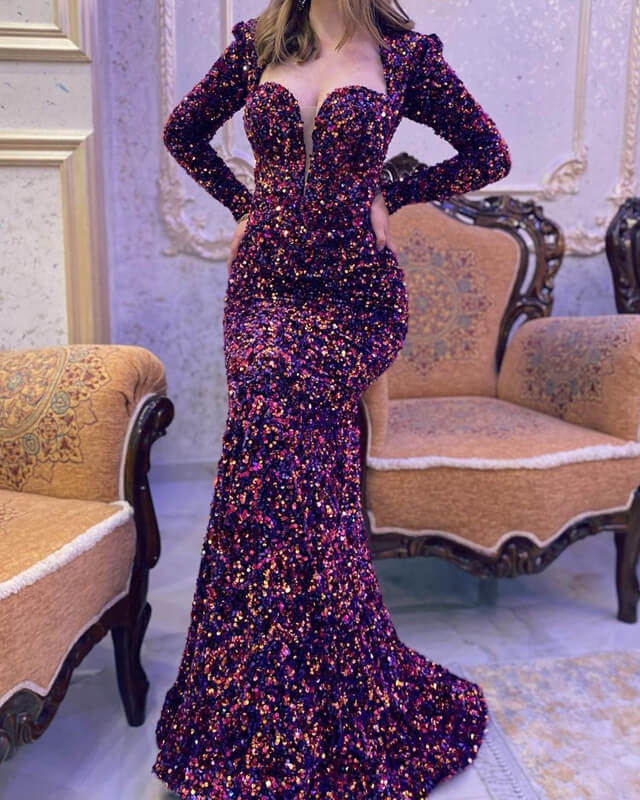 Purple Mermaid Sequin Long Sleeve Prom Dresses