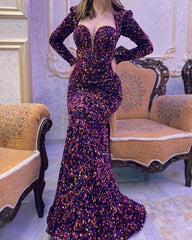 Purple Mermaid Sequin Long Sleeve Prom Dresses