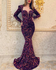 Purple Mermaid Sequin Long Sleeve Prom Dresses