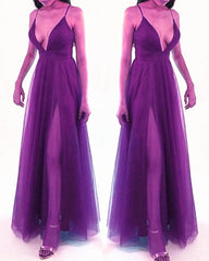 Tulle Split Prom Dresses V Neck Floor Length