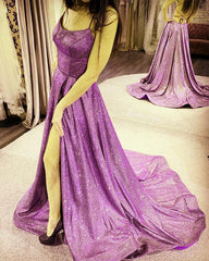 Glitter Prom Dresses Side Split Lace Up Back - RongMoon