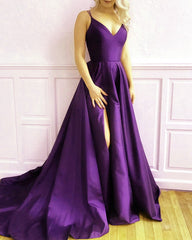 Simple Long Satin Slit Prom Dresses With Straps