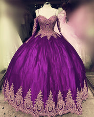 Long Sleeves Quinceanera Dresses Gold Lace Appliques Off Shoulder