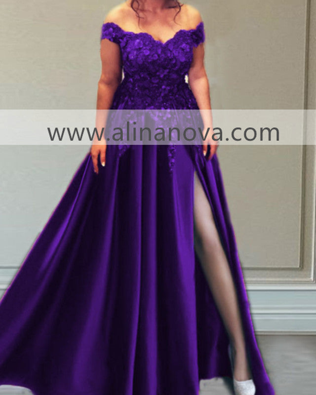 Off The Shoulder Split Satin Prom Dresses With 3D Flowers