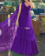 Flowy Tulle Corset One Shoulder Dress