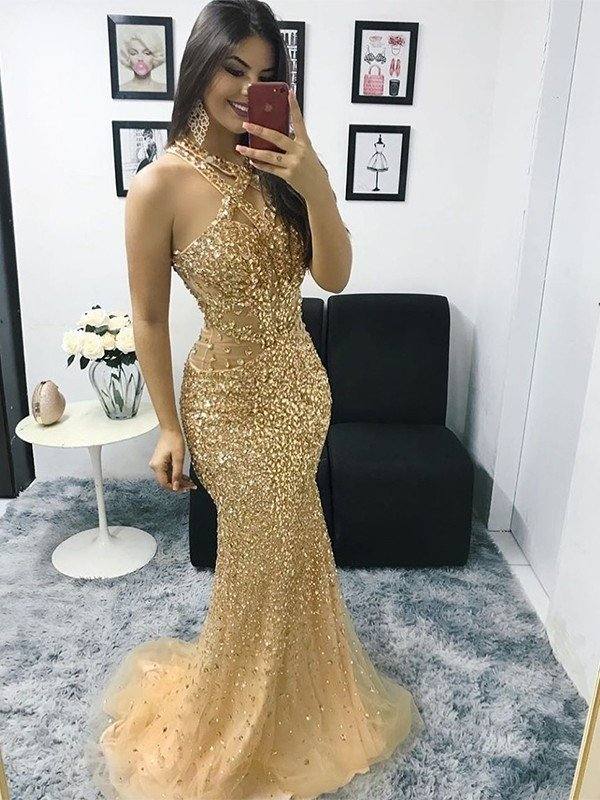 Trumpet/Mermaid Tulle Beading Halter Sleeveless Sweep/Brush Train Dresses - RongMoon