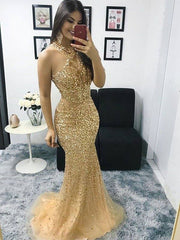Trumpet/Mermaid Tulle Beading Halter Sleeveless Sweep/Brush Train Dresses - RongMoon