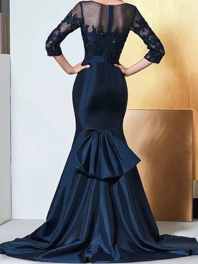 Mermaid / Trumpet Luxurious Elegant Engagement Formal Evening Dress Illusion Neck Half Sleeve Sweep / Brush Train Taffeta with Embroidery Appliques - RongMoon