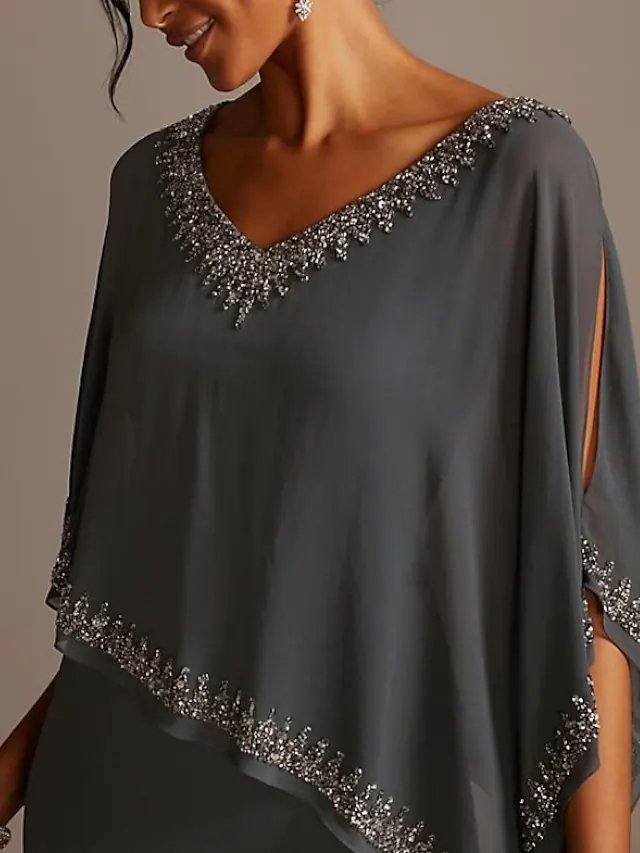 Sheath / Column Mother of the Bride Dress Elegant V Neck Floor Length Chiffon Half Sleeve with Beading - RongMoon
