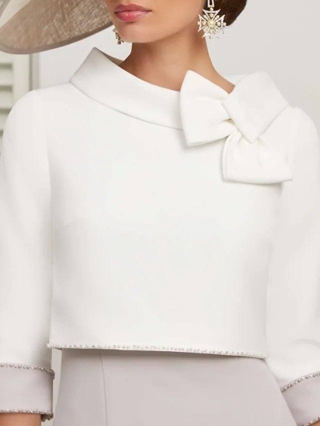 Two Piece Mother of the Bride Dress Elegant Jewel Neck Ankle Length Stretch Satin 3/4 Length Sleeve - RongMoon