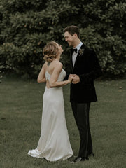 White Sheath Appliques Satin Spaghetti Straps Wedding Dress