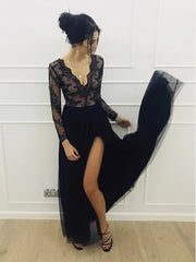 A Line Long Sleeves V Neck Lace Black Prom Dress with Split