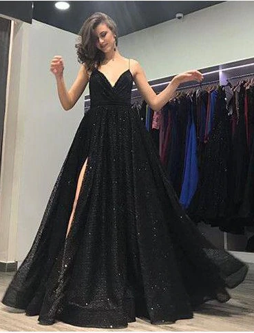 Spaghetti Straps Black Split A-Line Sequined Prom Dress