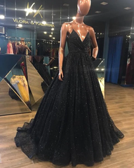 Spaghetti Straps Black Split A-Line Sequined Prom Dress