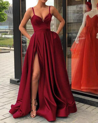 Slit Burgundy Spaghetti Straps Satin Prom Dress