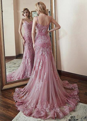 Pink Tulle Spaghetti Straps Mermaid Prom Dress