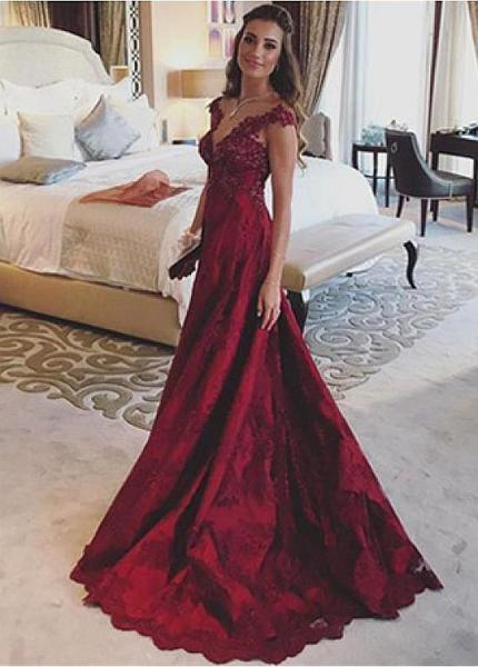 Beading Lace Burgundy A-line Prom Dress